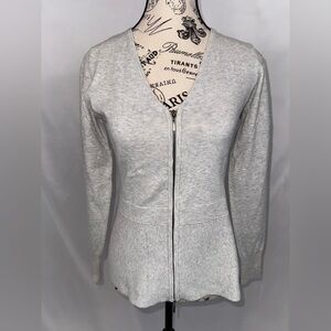 CAbi Willow Peplum Light Gray Knit Double-Zip Sweater (v)